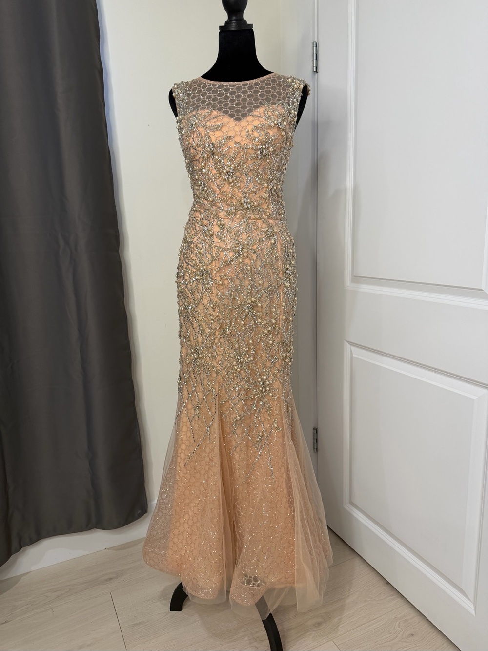 Embellished Peach Evening Gown with Illusion Neckline